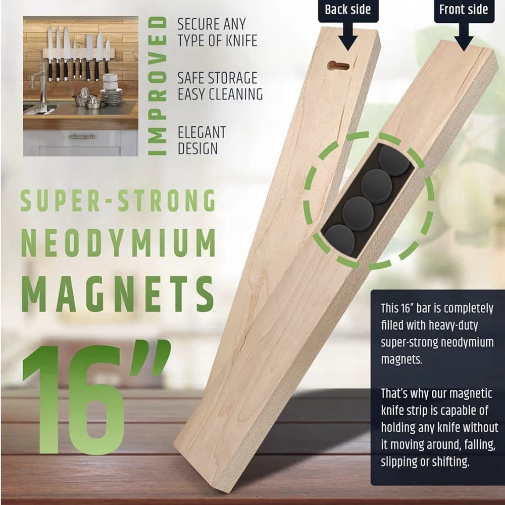 HMmagnets Premium 16 Inch Light Maple Wood Magnetic Knife Holder for Wall
